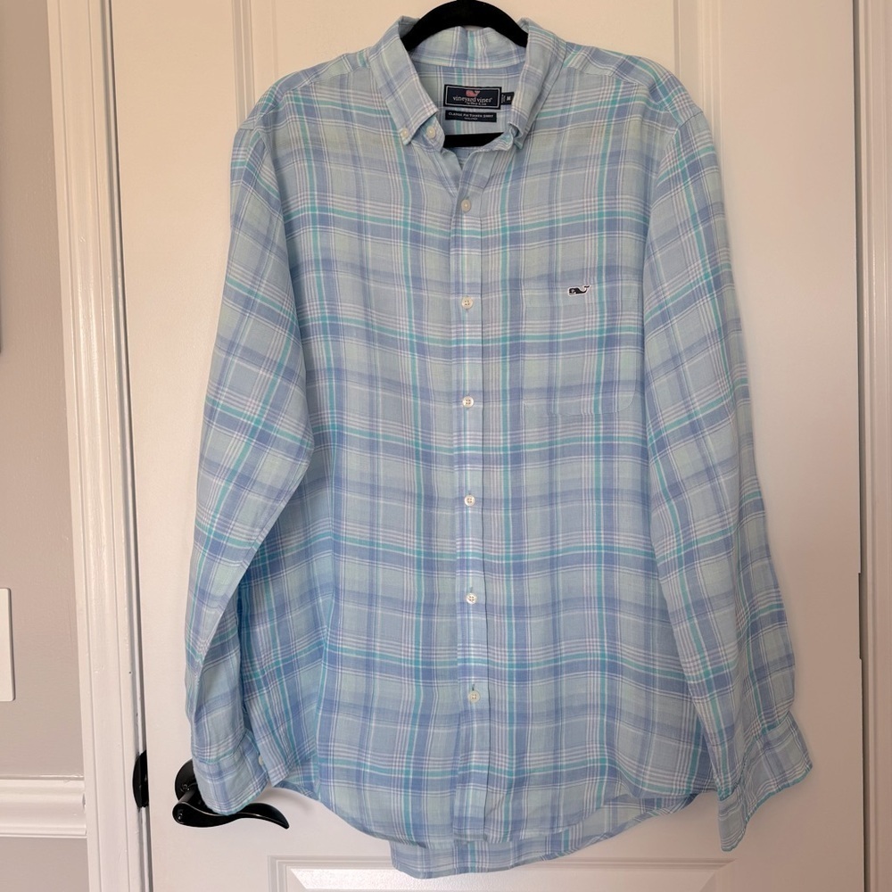 Vineyard Vines Tucker 100% Linen Men's Blue Plaid Medium Shirt